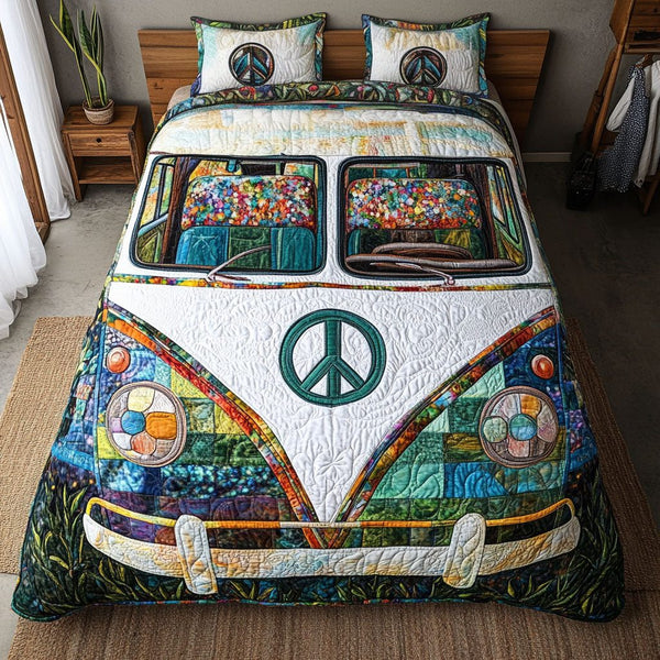 Hippie Van quilted 3-piece bedding set on a made bed with two matching pillow shams