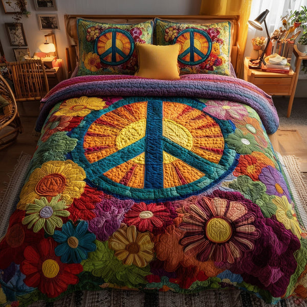 Hippie Vibe quilted 3-piece bedding set on a made bed with two matching pillow shams