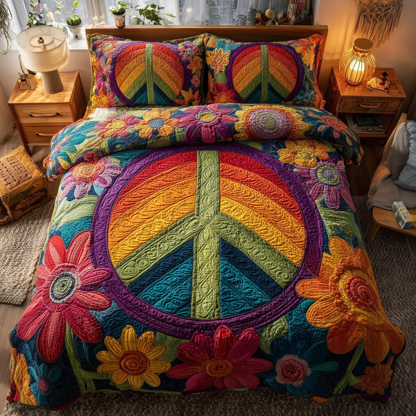 Hippie Vibe quilted 3-piece bedding set on a made bed with two matching pillow shams