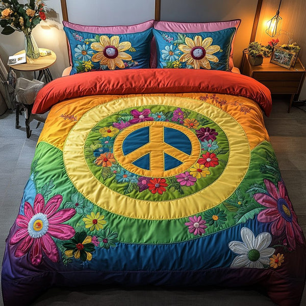 Hippie Vibes quilted 3-piece bedding set on a made bed with two matching pillow shams