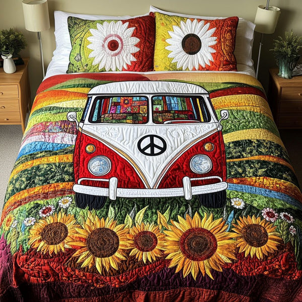 Hippie Wheels quilted 3-piece bedding set on a made bed with two matching pillow shams