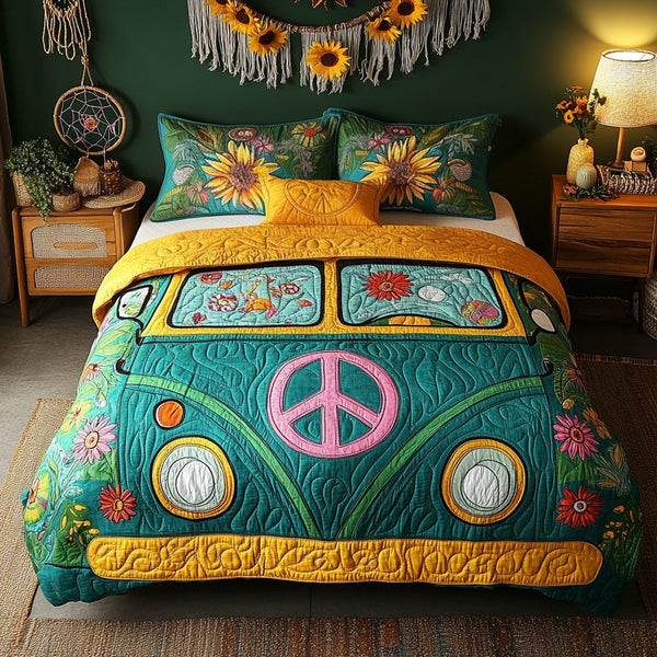 Hippie Wheels quilted 3-piece bedding set on a made bed with two matching pillow shams