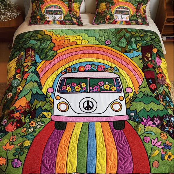 Hippie Wonderland quilted 3-piece bedding set on a made bed with two matching pillow shams