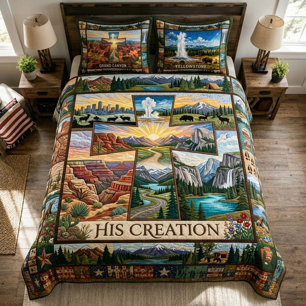 His Creation Scenic quilted 3-piece bedding set on a made bed with two matching pillow shams