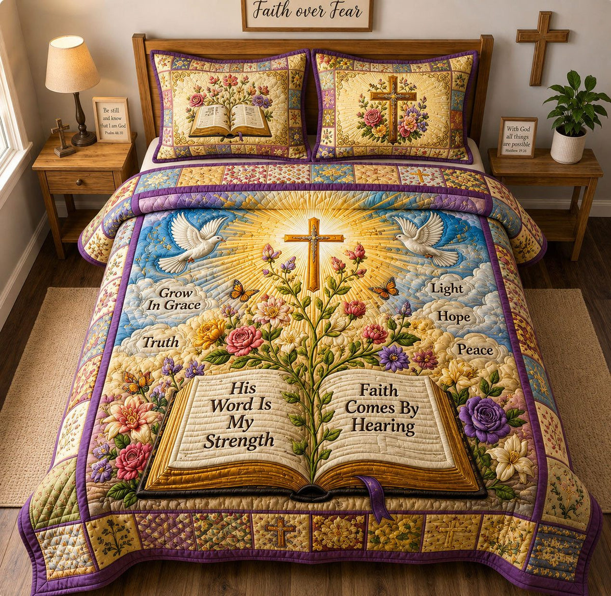 His Word Is My Strength quilted 3-piece bedding set on a made bed with two matching pillow shams