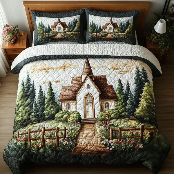 Historic Church quilted 3-piece bedding set on a made bed with two matching pillow shams