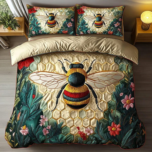 Hive Delight quilted 3-piece bedding set on a made bed with two matching pillow shams