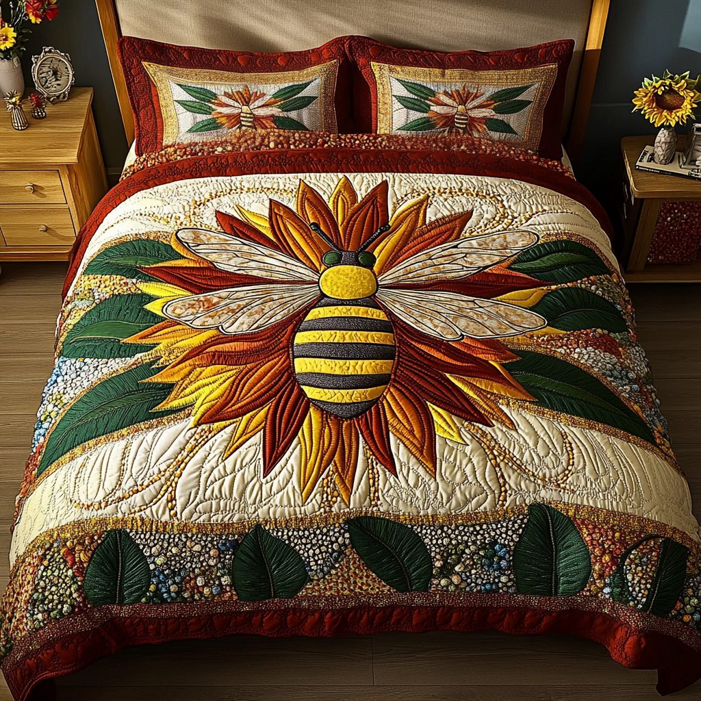 Hive Harmony quilted 3-piece bedding set on a made bed with two matching pillow shams