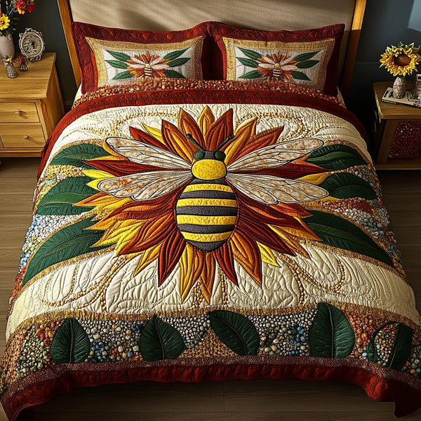 Hive Harmony quilted 3-piece bedding set on a made bed with two matching pillow shams