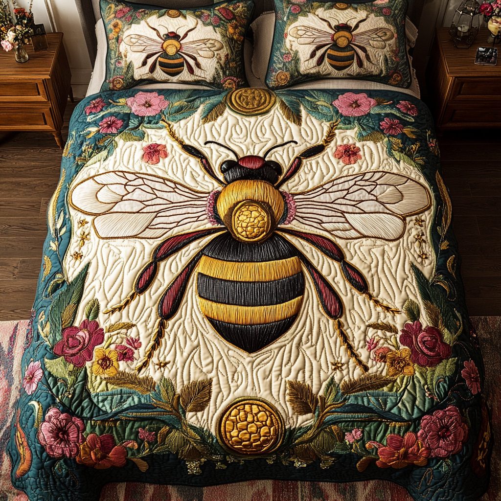 Hive Heart quilted 3-piece bedding set on a made bed with two matching pillow shams