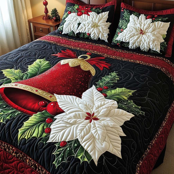 Holiday Bell quilted 3-piece bedding set on a made bed in a winter-styled bedroom
