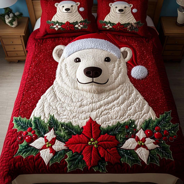 Holiday Bliss quilted 3-piece bedding set on a made bed in a winter-styled bedroom