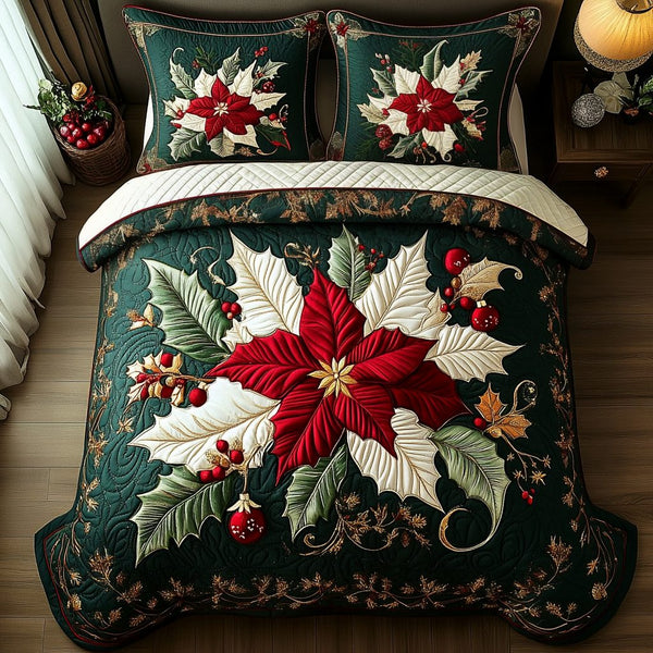 Holiday Bloom quilted 3-piece bedding set on a made bed in a winter-styled bedroom