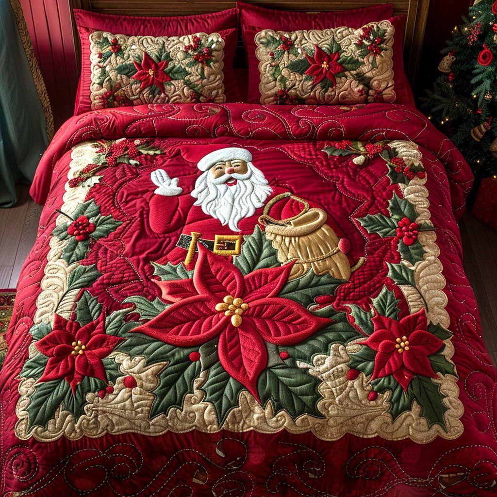 Holiday Bloom quilted 3-piece bedding set on a made bed in a winter-styled bedroom