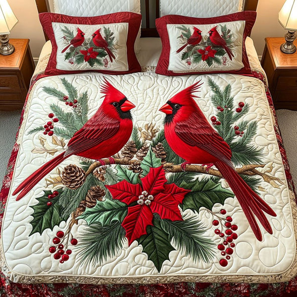 Holiday Blossoms quilted 3-piece bedding set on a made bed in a winter-styled bedroom