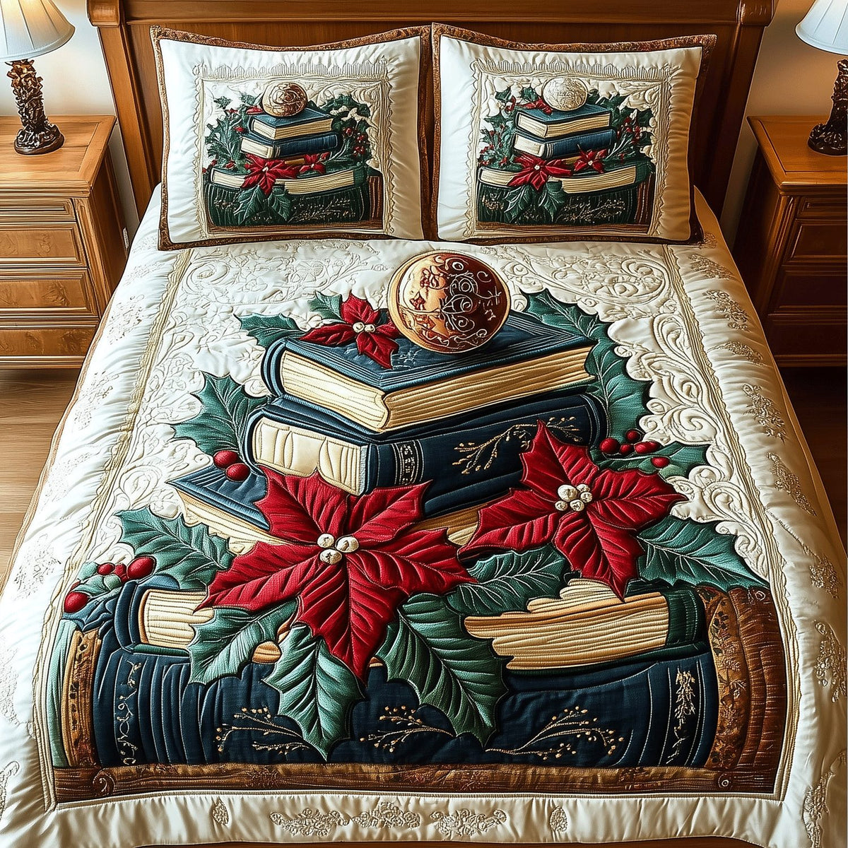 Holiday Book Haven quilted 3-piece bedding set on a made bed in a winter-styled bedroom