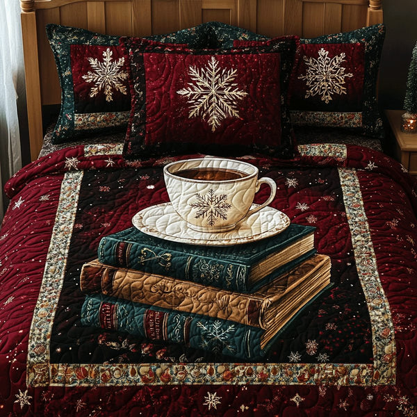 Holiday Book Haven quilted 3-piece bedding set on a made bed in a winter-styled bedroom