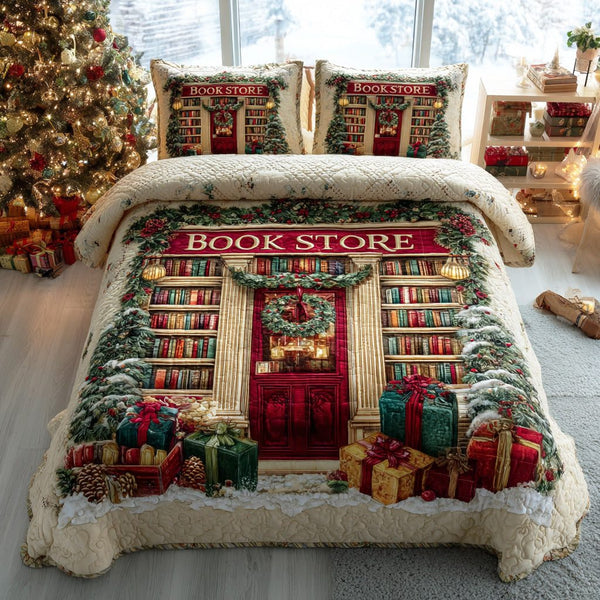Holiday Bookshop quilted 3-piece bedding set on a made bed in a winter-styled bedroom