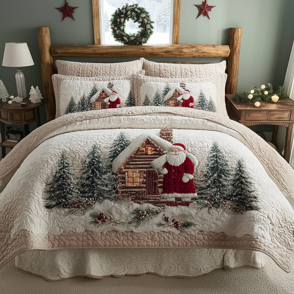 Holiday Cabin quilted 3-piece bedding set on a made bed in a winter-styled bedroom