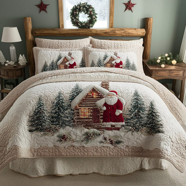 Holiday Cabin quilted 3-piece bedding set on a made bed in a winter-styled bedroom