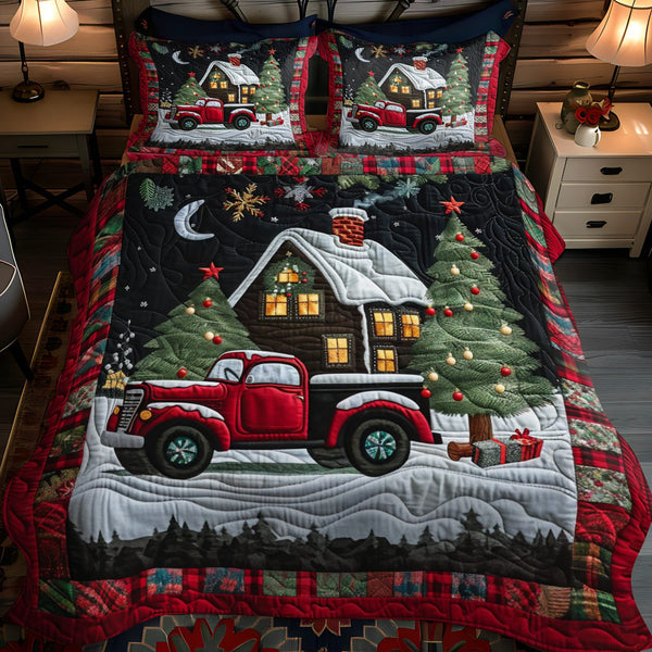 Holiday Cabin quilted 3-piece bedding set on a made bed in a winter-styled bedroom