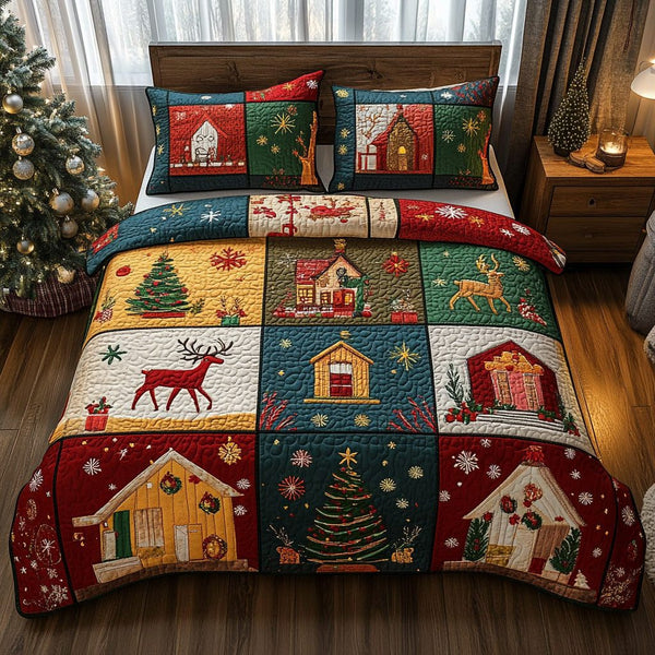 Holiday Cabins quilted 3-piece bedding set on a made bed in a winter-styled bedroom