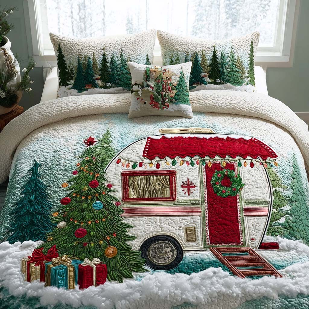 Holiday Camp Night quilted 3-piece bedding set on a made bed in a winter-styled bedroom