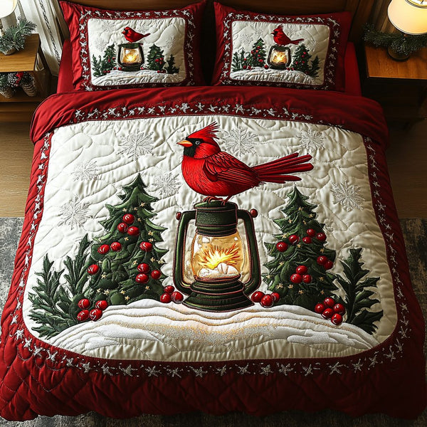 Holiday Cardinal quilted 3-piece bedding set on a made bed in a winter-styled bedroom