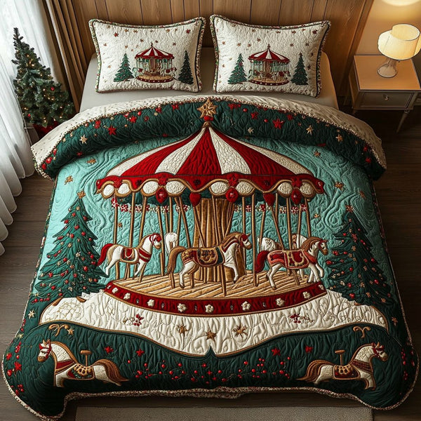 Holiday Carousel Magic quilted 3-piece bedding set on a made bed in a winter-styled bedroom