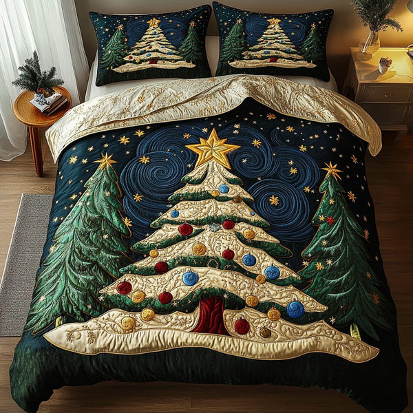 Holiday Charm quilted 3-piece bedding set on a made bed in a winter-styled bedroom