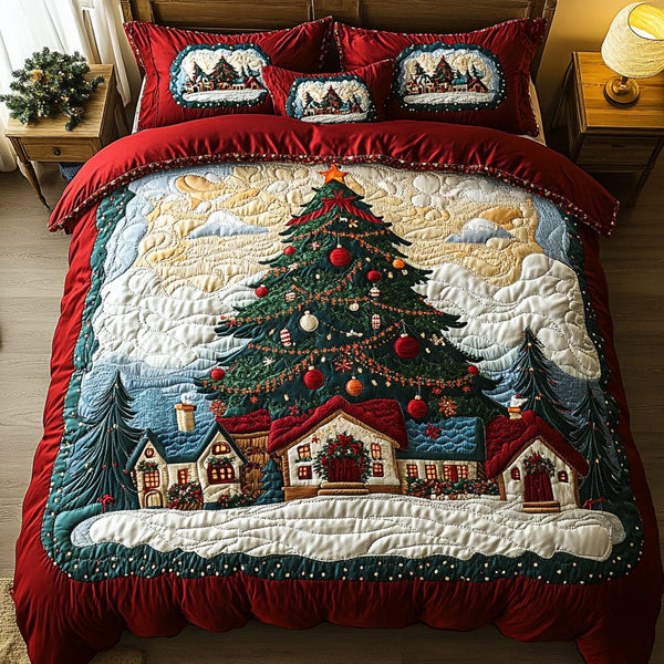 Holiday Charm quilted 3-piece bedding set on a made bed in a winter-styled bedroom