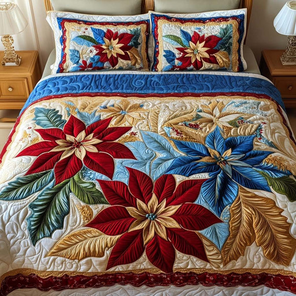 Holiday Charm quilted 3-piece bedding set on a made bed in a winter-styled bedroom