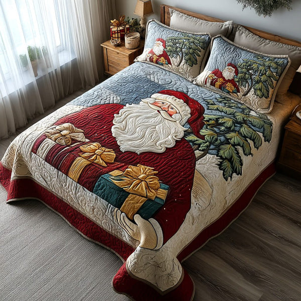 Holiday Cheer quilted 3-piece bedding set on a made bed in a winter-styled bedroom