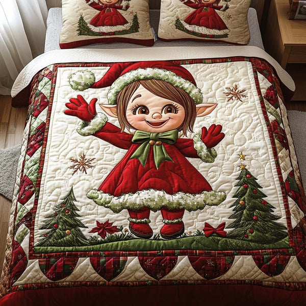 Holiday Cheer quilted 3-piece bedding set on a made bed in a winter-styled bedroom
