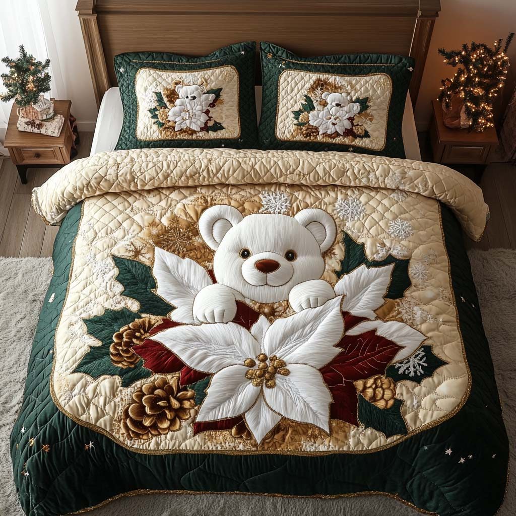 Holiday Cheer quilted 3-piece bedding set on a made bed in a winter-styled bedroom