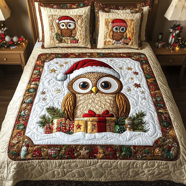 Holiday Cheer quilted 3-piece bedding set on a made bed in a winter-styled bedroom