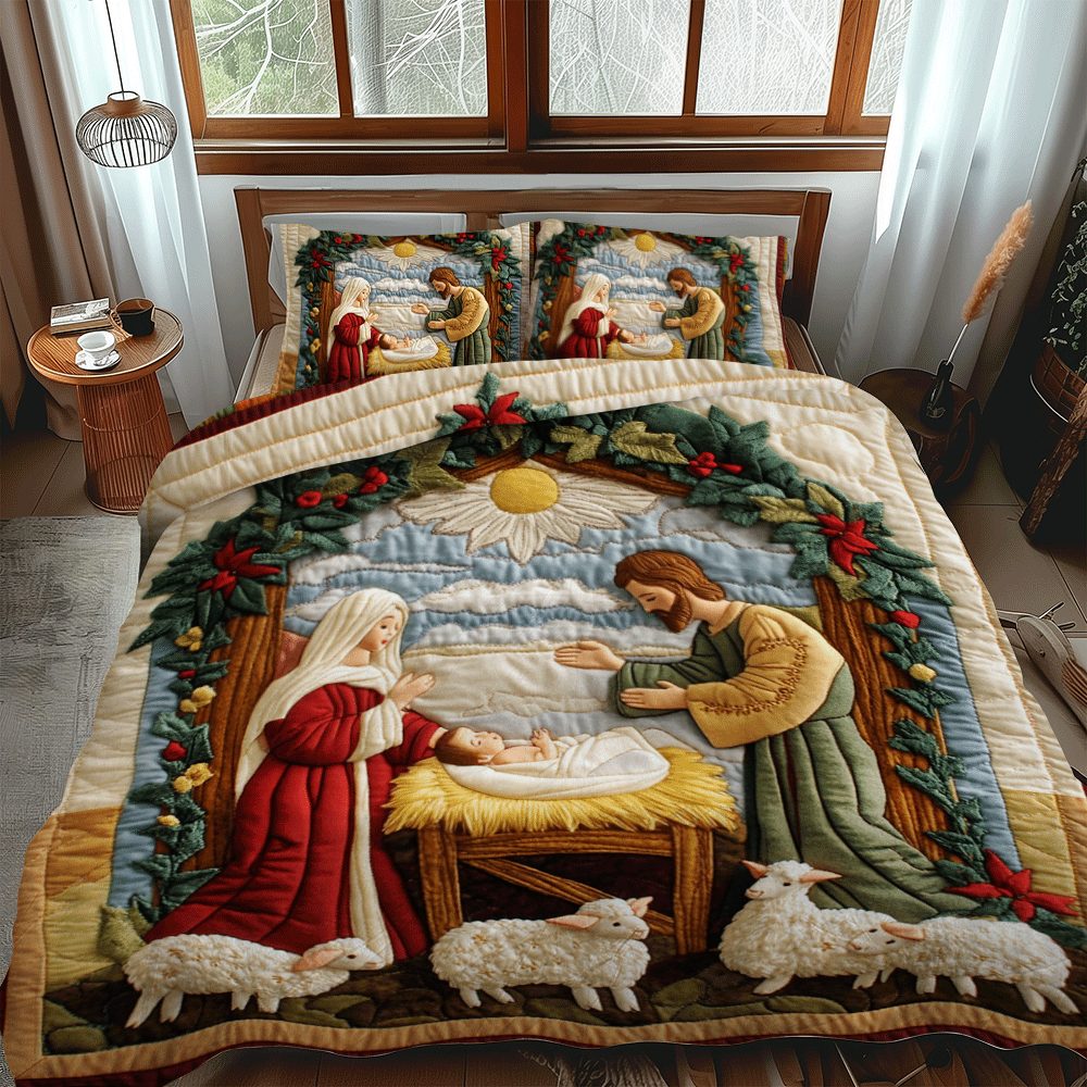 Holiday Cheer quilted 3-piece bedding set on a made bed in a winter-styled bedroom