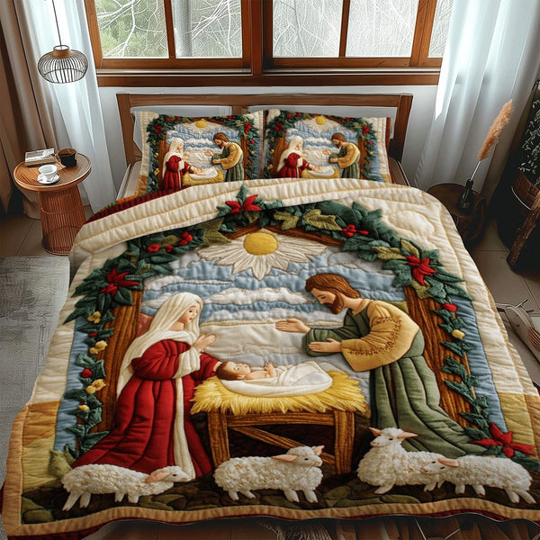 Holiday Cheer quilted 3-piece bedding set on a made bed in a winter-styled bedroom