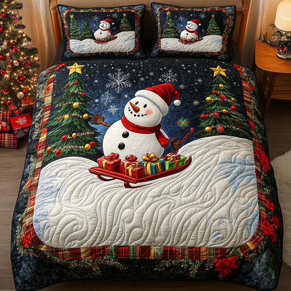 Holiday Cheer quilted 3-piece bedding set on a made bed in a winter-styled bedroom