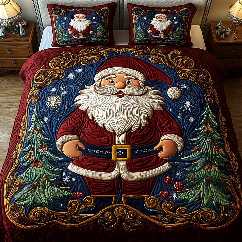 Holiday Cheer quilted 3-piece bedding set on a made bed in a winter-styled bedroom