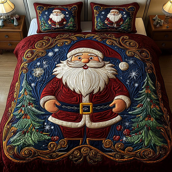 Holiday Cheer quilted 3-piece bedding set on a made bed in a winter-styled bedroom