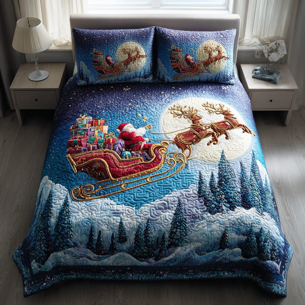Holiday Cheer Santa quilted 3-piece bedding set on a made bed in a winter-styled bedroom