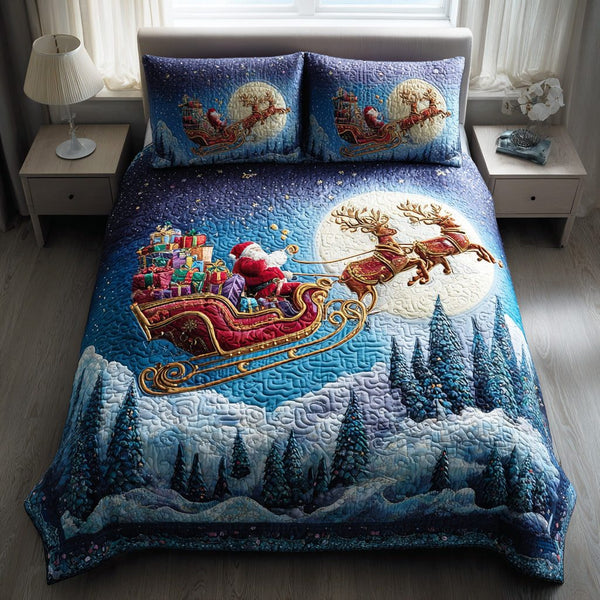 Holiday Cheer Santa quilted 3-piece bedding set on a made bed in a winter-styled bedroom