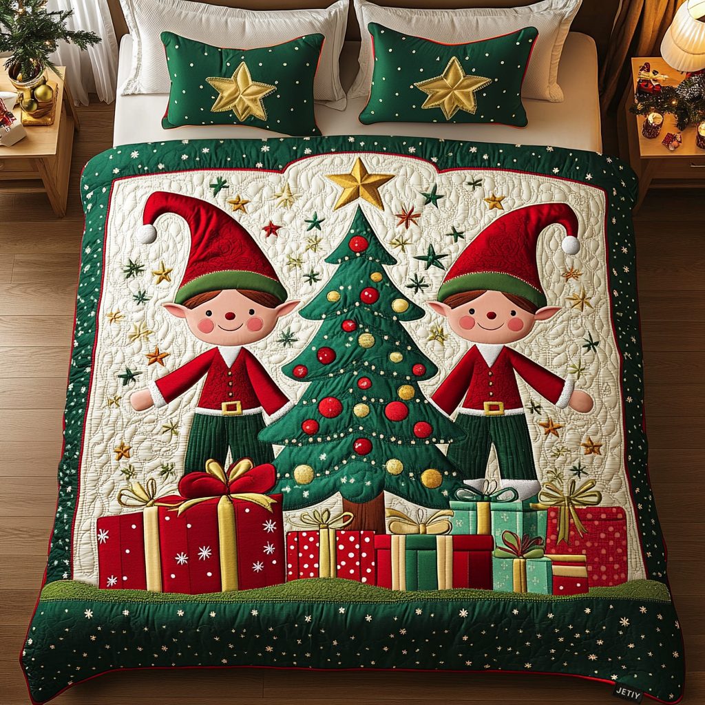 Holiday Cheer Squad quilted 3-piece bedding set on a made bed in a winter-styled bedroom
