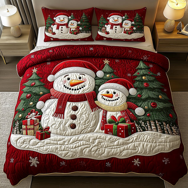 Holiday Cheerful Snowman quilted 3-piece bedding set on a made bed in a winter-styled bedroom