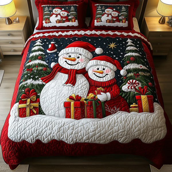Holiday Cheerful Snowman quilted 3-piece bedding set on a made bed in a winter-styled bedroom