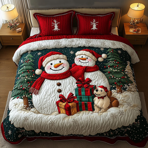Holiday Cheerful Snowman quilted 3-piece bedding set on a made bed in a winter-styled bedroom