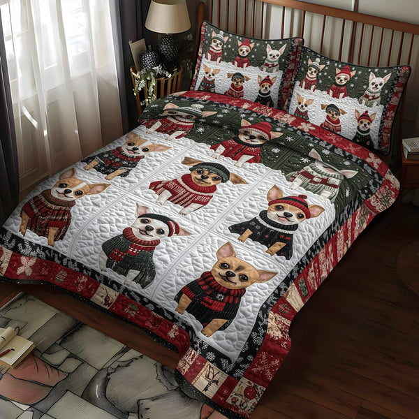 Holiday Chi Delight quilted 3-piece bedding set on a made bed in a winter-styled bedroom