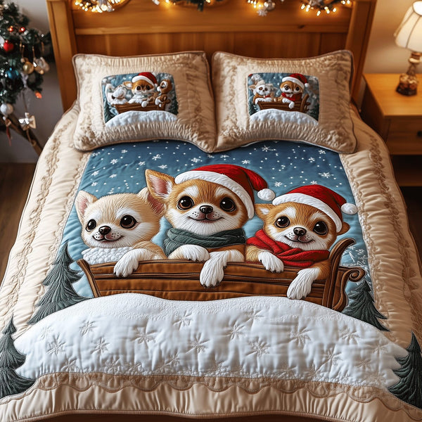 Holiday Chi Delight quilted 3-piece bedding set on a made bed in a winter-styled bedroom