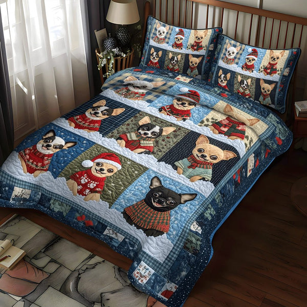 Holiday Chi Paws quilted 3-piece bedding set on a made bed in a winter-styled bedroom